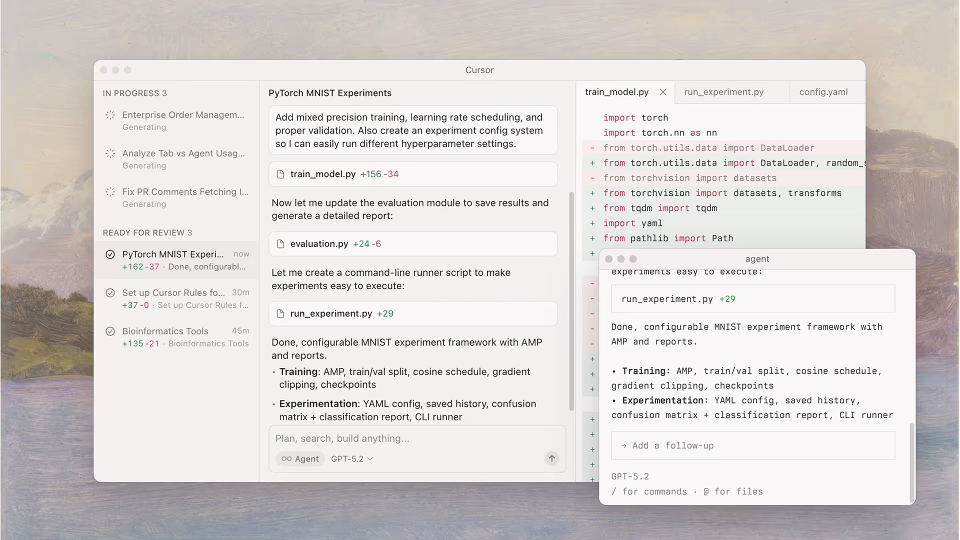 Cursor user interface showcasing a task in progress of the application
