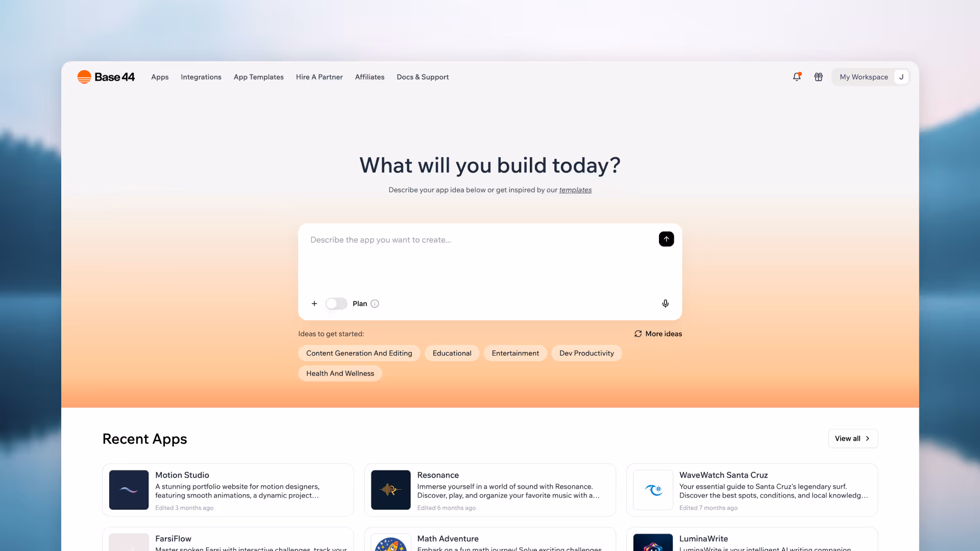 Base44 user interface showcasing the landing page for the application