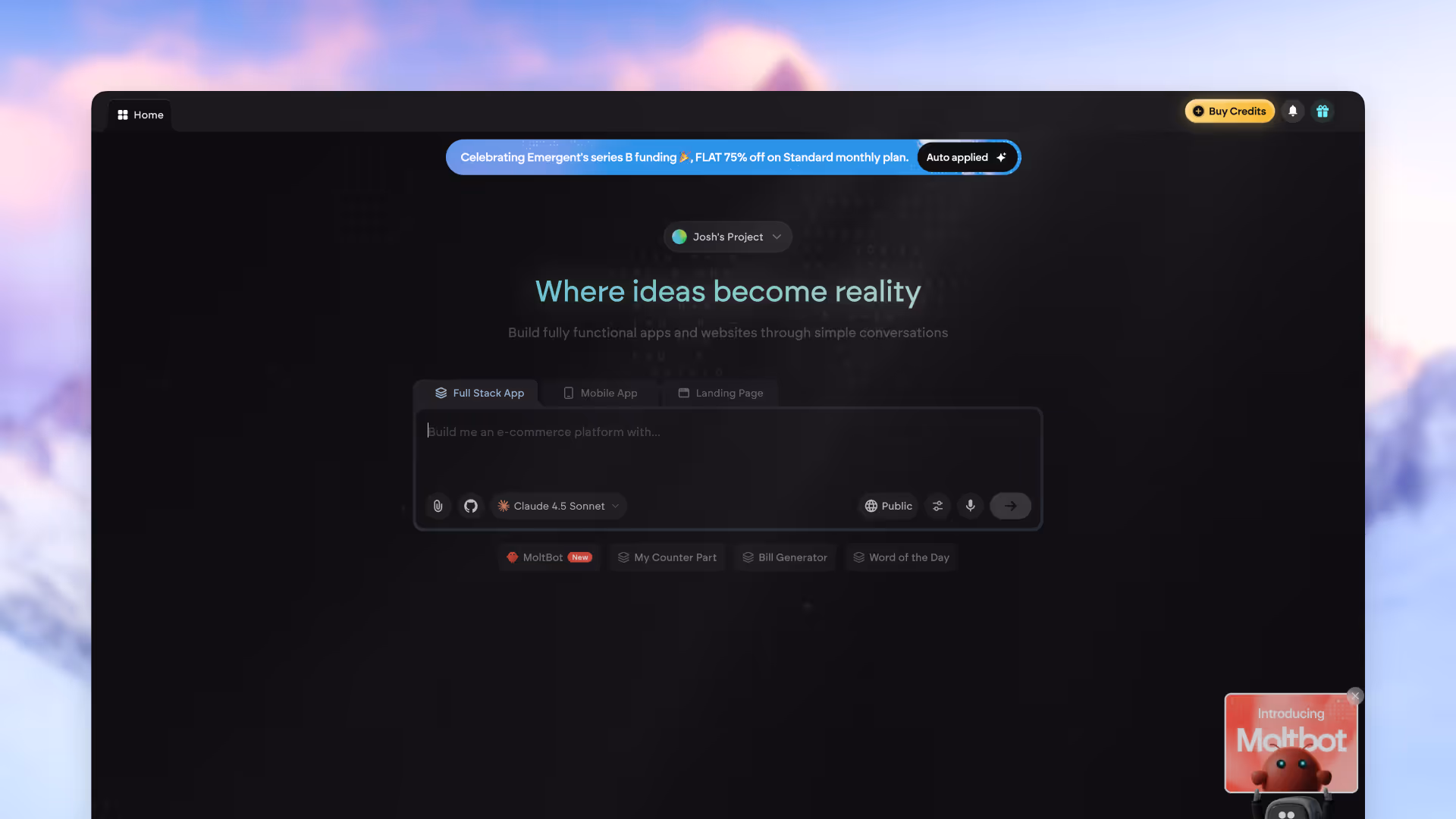 Emergent user interface showcasing the landing page for the application
