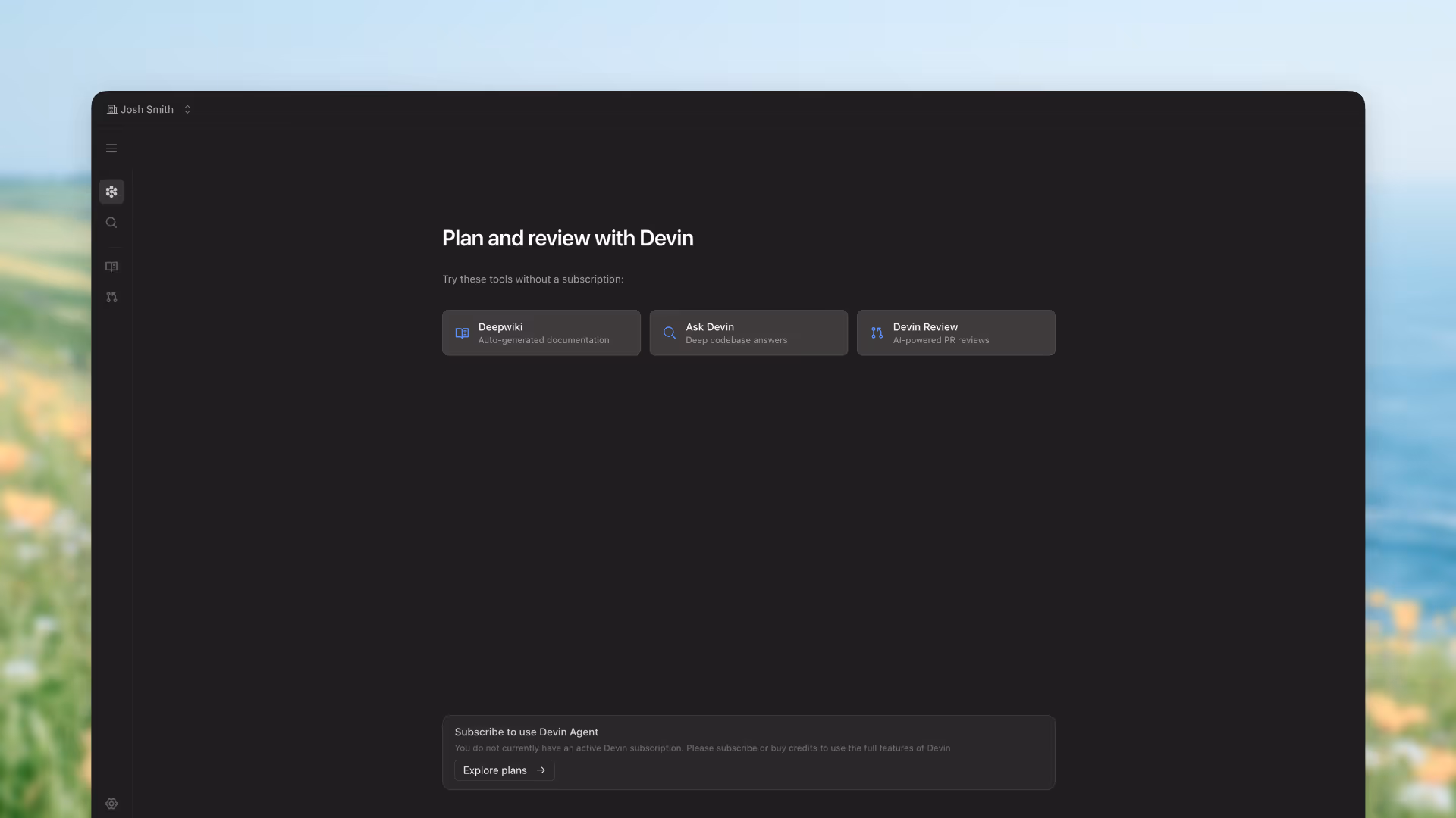 Devin AI user interface showcasing the landing page for the application