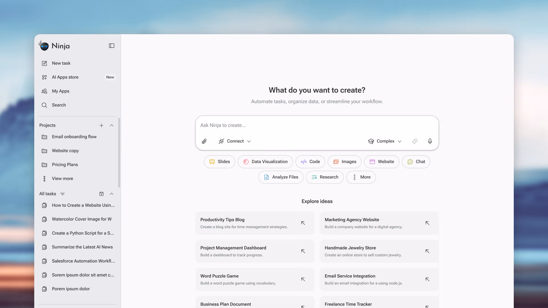 SuperNinja landing page interface with prompt box
