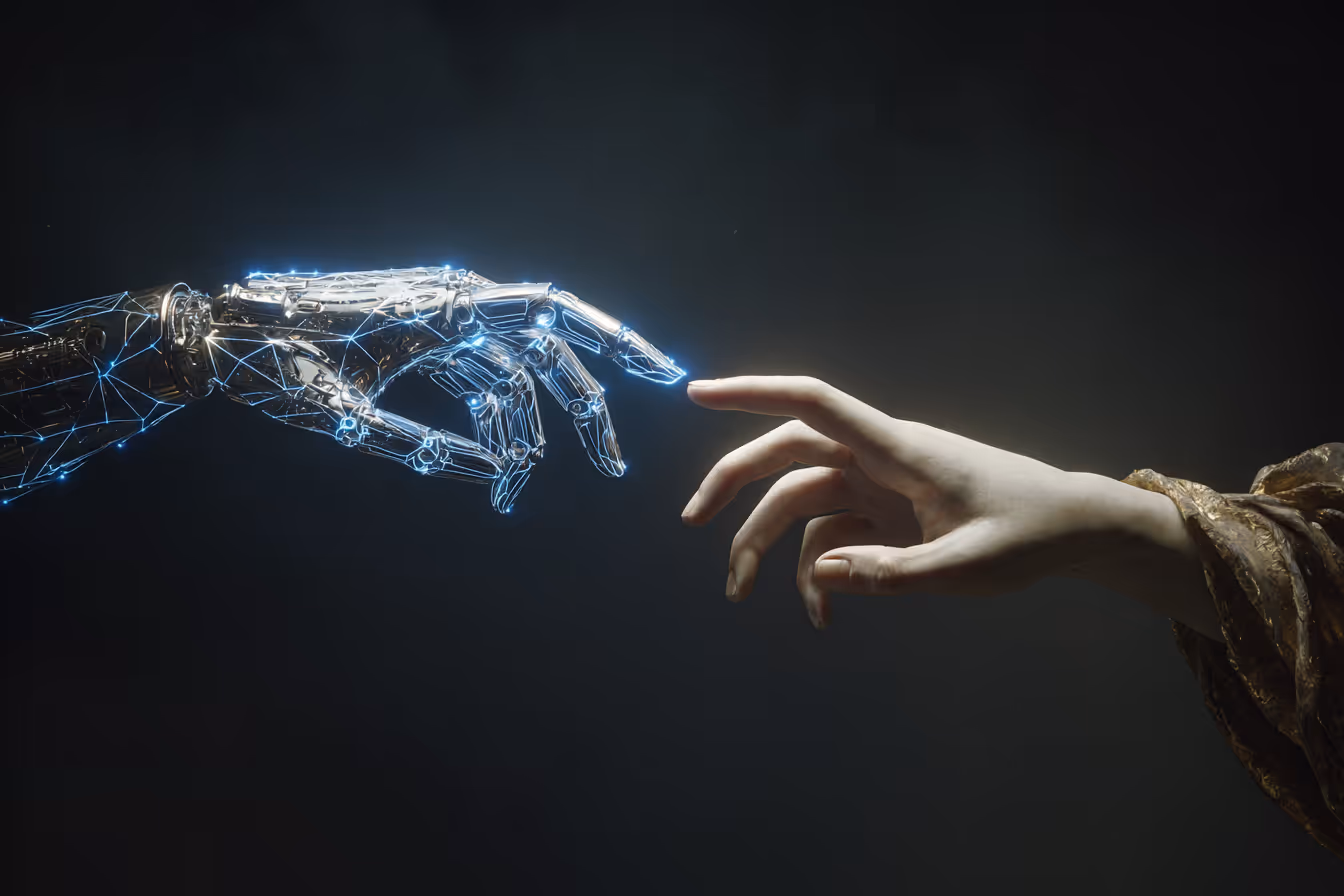 A robotic hand and a human hand coming together working together as one