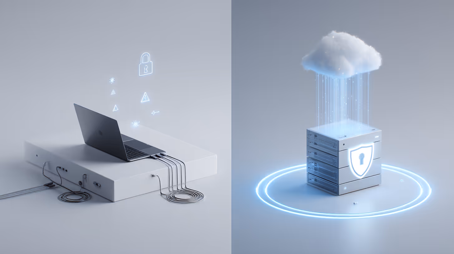 Ein geteiltes Bildschirmbild mit einem lokal laufenden KI-Agenten OpenClaw auf der linken Seite mit Warnsymbolen auf der rechten Seite, das einen sicheren und stabilen Cloud-Agenten SuperNinja zeigt, der sicher mit Sicherheitsfunktionen auf Unternehmensebene läuft