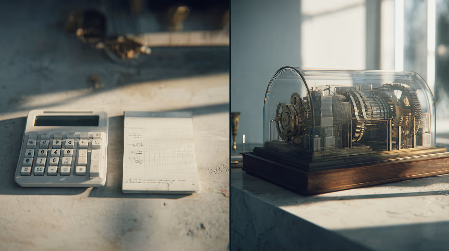 Split image showing a calculator and notepad on a desk beside a detailed mechanical device encased in glass on a wooden base, suggesting a contrast between basic arithmetic tools and complex machinery.