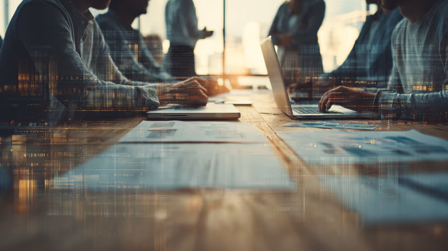 Close-up of people working on laptops at a wooden table with printed documents spread out, overlaid with subtle digital data graphics, conveying collaboration and technology-driven analysis in a modern office setting.