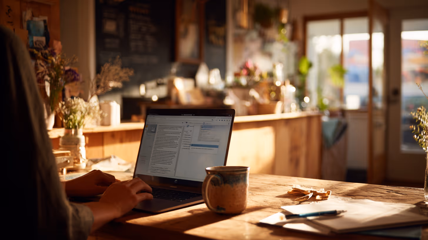 Person working on a laptop at a cozy café-style counter with warm sunlight, plants, and a welcoming small-business atmosphere in the background.