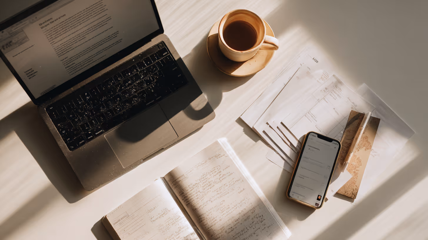 Top-down view of a laptop, notebook with handwritten notes, smartphone, and coffee cup on a bright desk, suggesting focused writing or content planning.