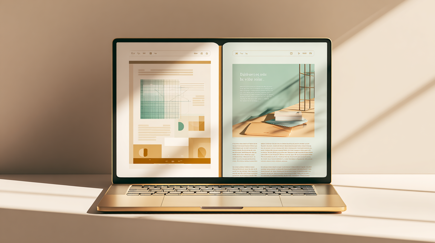 Laptop displaying a clean website layout with charts, images, and text blocks in a minimalist interface on a neutral background.