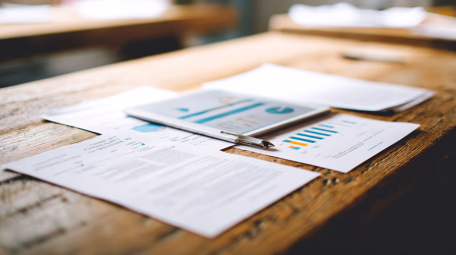 Close-up of printed financial reports with charts and graphs spread across a wooden desk, with a pen resting on top of the documents.