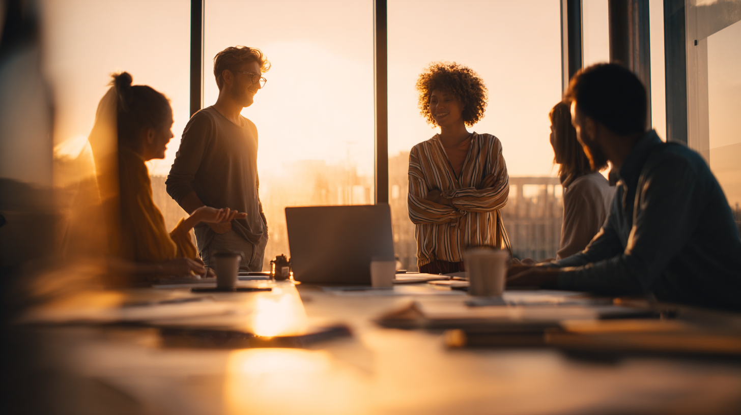 Small group of coworkers gathered around a table in a sunlit office, discussing ideas with a laptop open in the center during a team meeting.