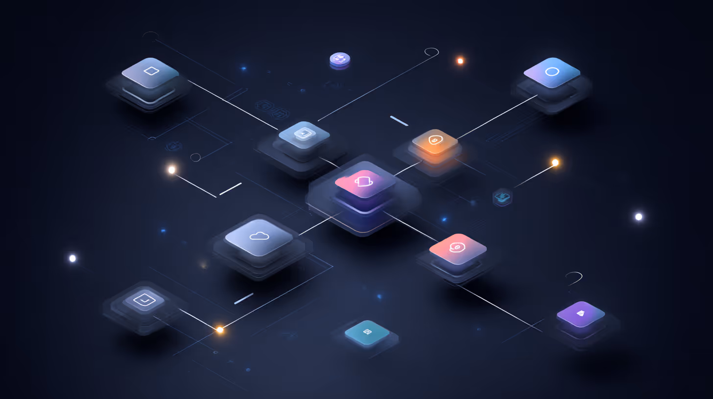 Abstract visualization of an AI system architecture showing connected modules, cloud services, and data processing nodes.