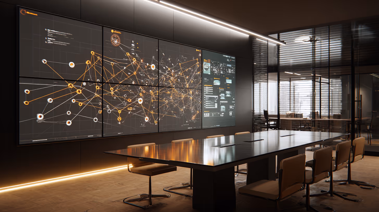 Large wall display showing enterprise data analytics and network visualization inside a modern conference room.