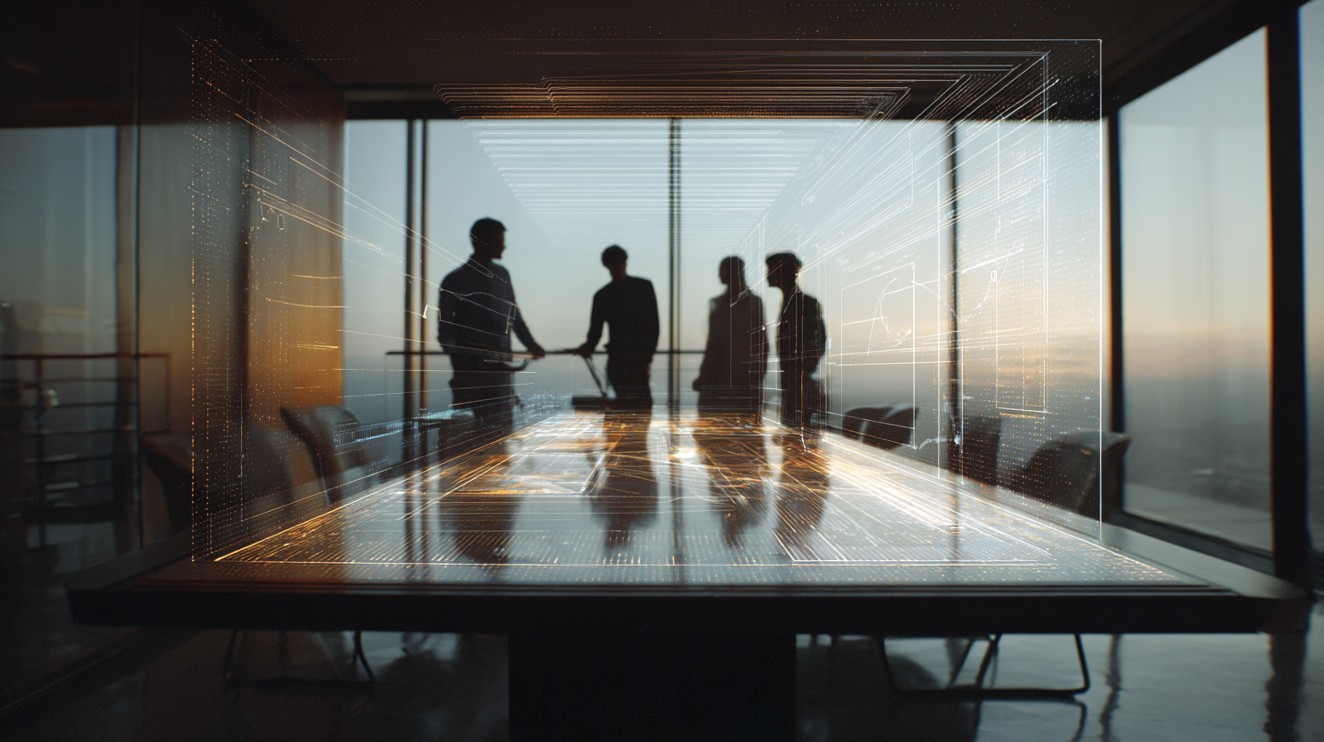 Business team collaborating in a meeting room with a futuristic digital interface representing AI-driven data analysis.