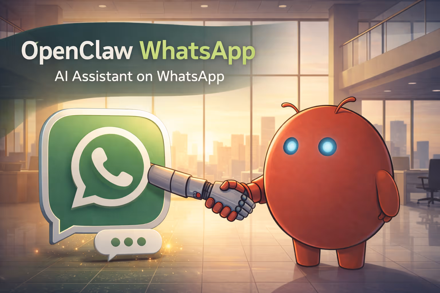 A cute 3D red mascot character with a round body, two curved antennae, small red ear-like protrusions, big blue eyes, and tiny blue feet, standing in front of a semi-transparent paper-plane icon on a gradient blue background, with a row of feature icons along the bottom including Q&A, notifications, code, checklist, globe with airplane, and settings.