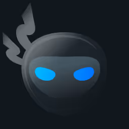 Stylized dark robot or ninja head with glowing blue eyes and a lightning bolt-shaped antenna.