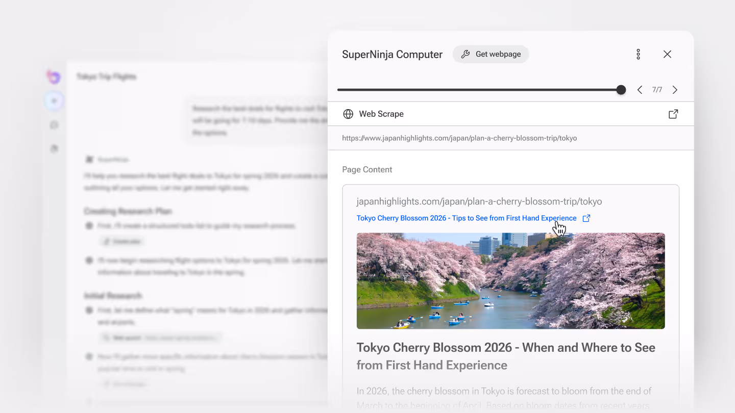 SuperNinja's computer showcasing the websites it's visiting for a finding flights to japan