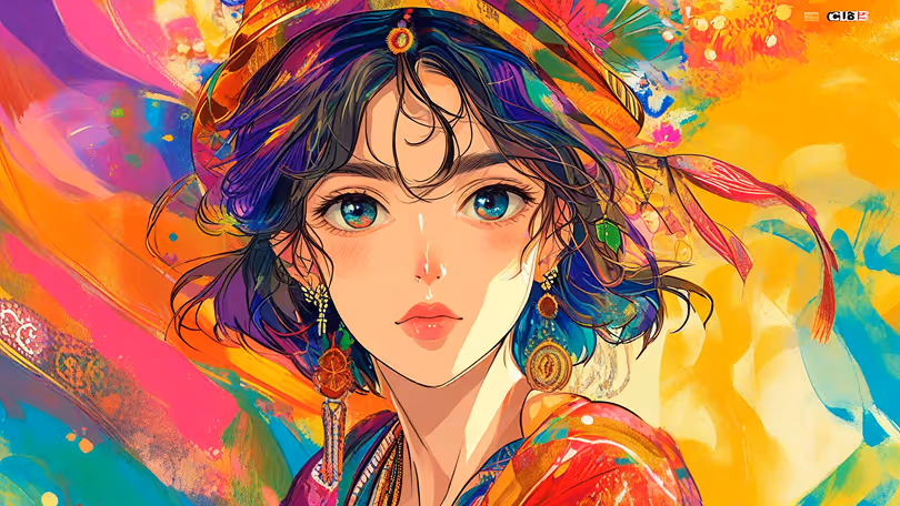 A bohemian free spirited artist with an array of colors in a Anime image style