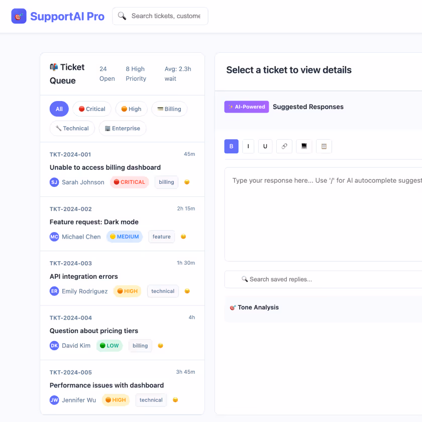 Support ticketing system screens