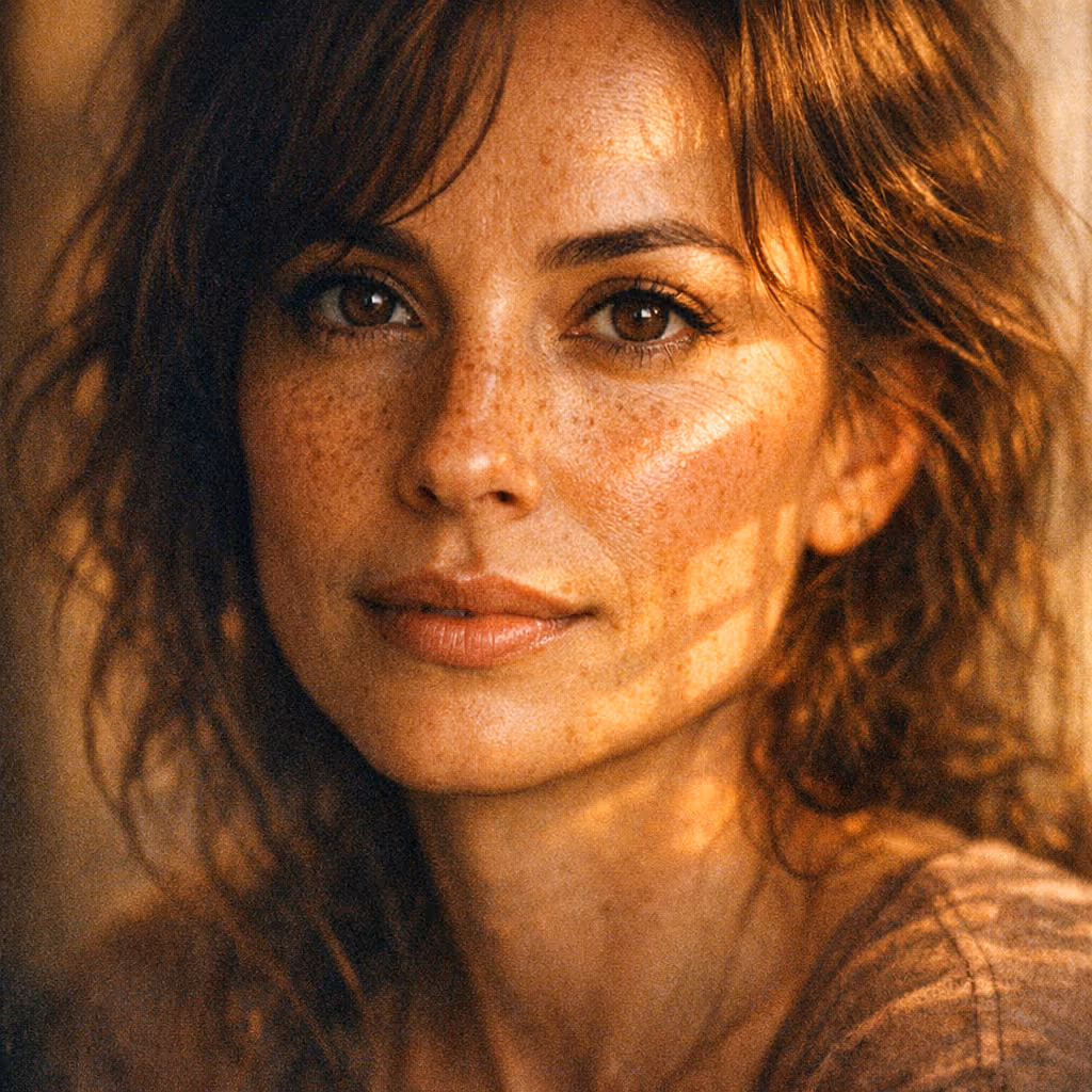 Close-up portrait of a woman with brown curly hair and freckles, softly lit by warm sunlight.