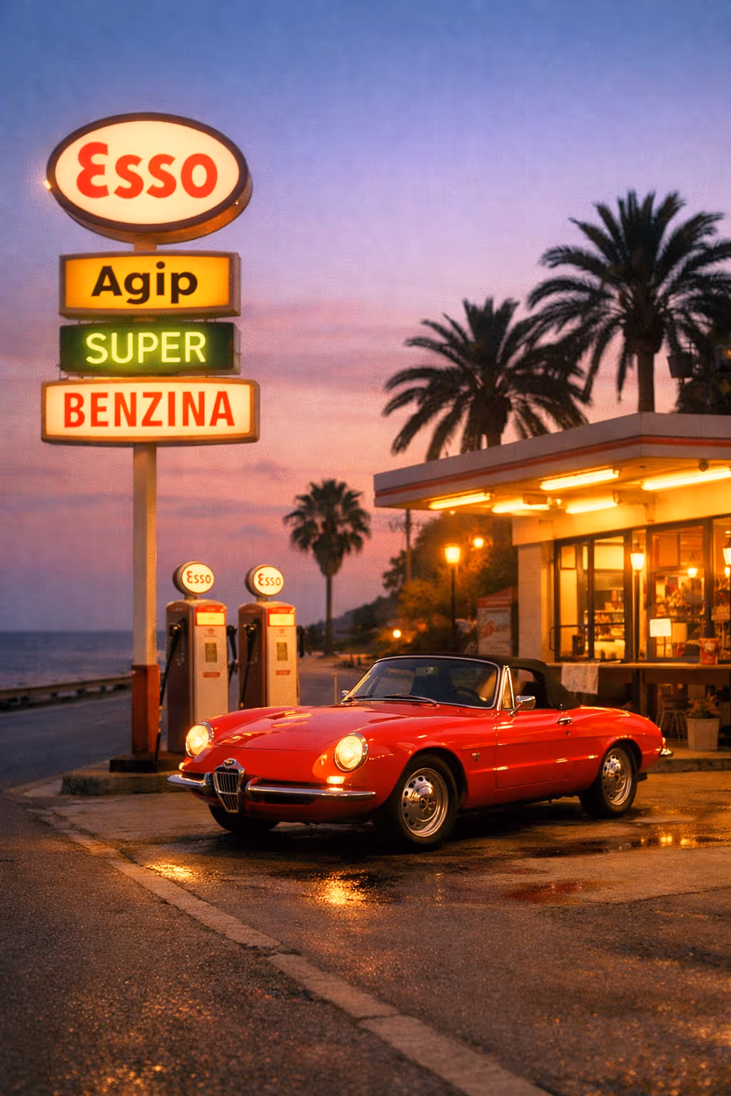 Red vintage convertible car parked at an Esso gas station during sunset with palm trees in the background.