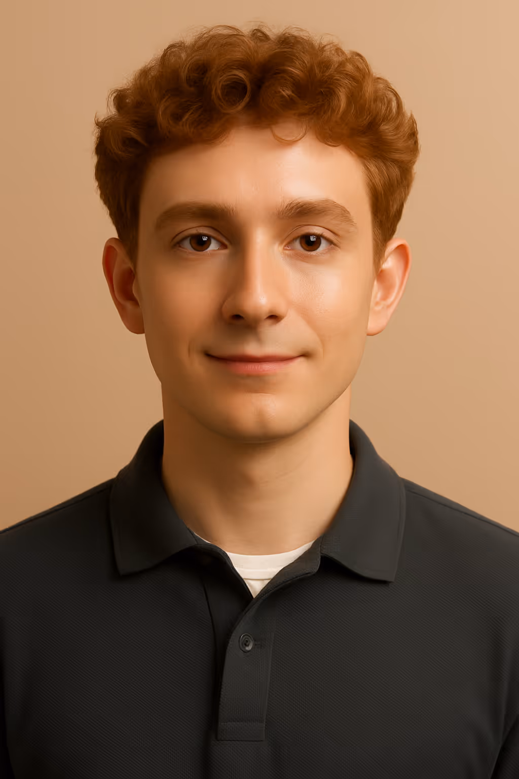 Young man with curly red hair wearing a black polo shirt against a beige background.