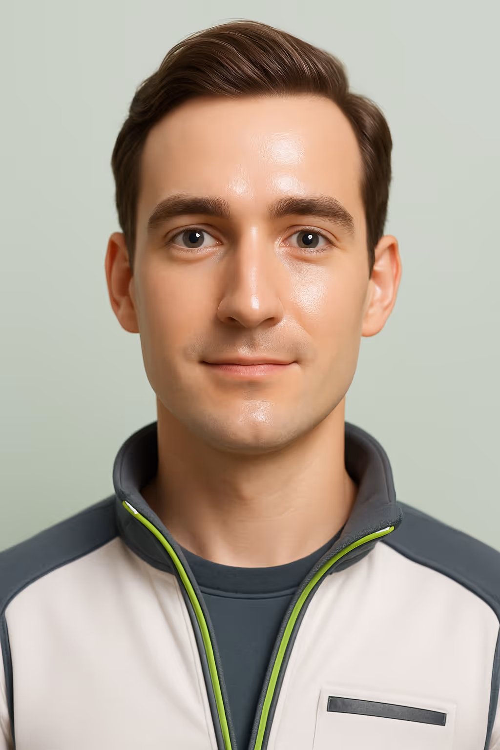 Portrait of a young man with short brown hair wearing a gray and white jacket with lime green accents.