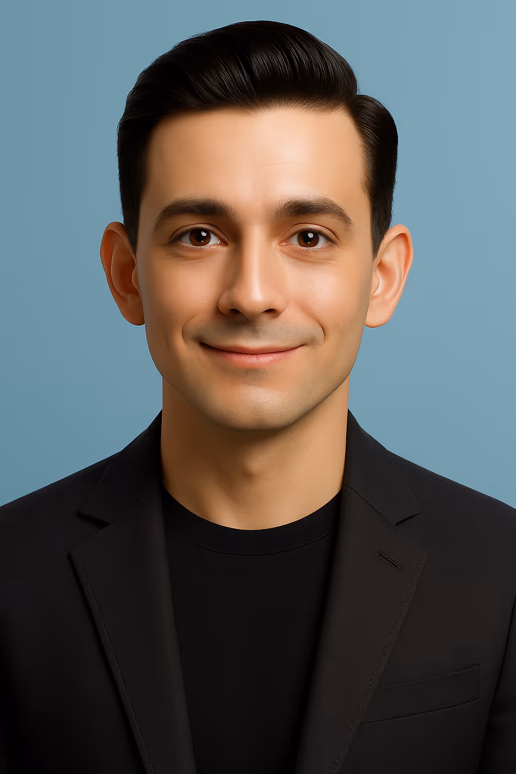 Portrait of a man with dark hair wearing a black blazer and shirt, smiling against a blue background.