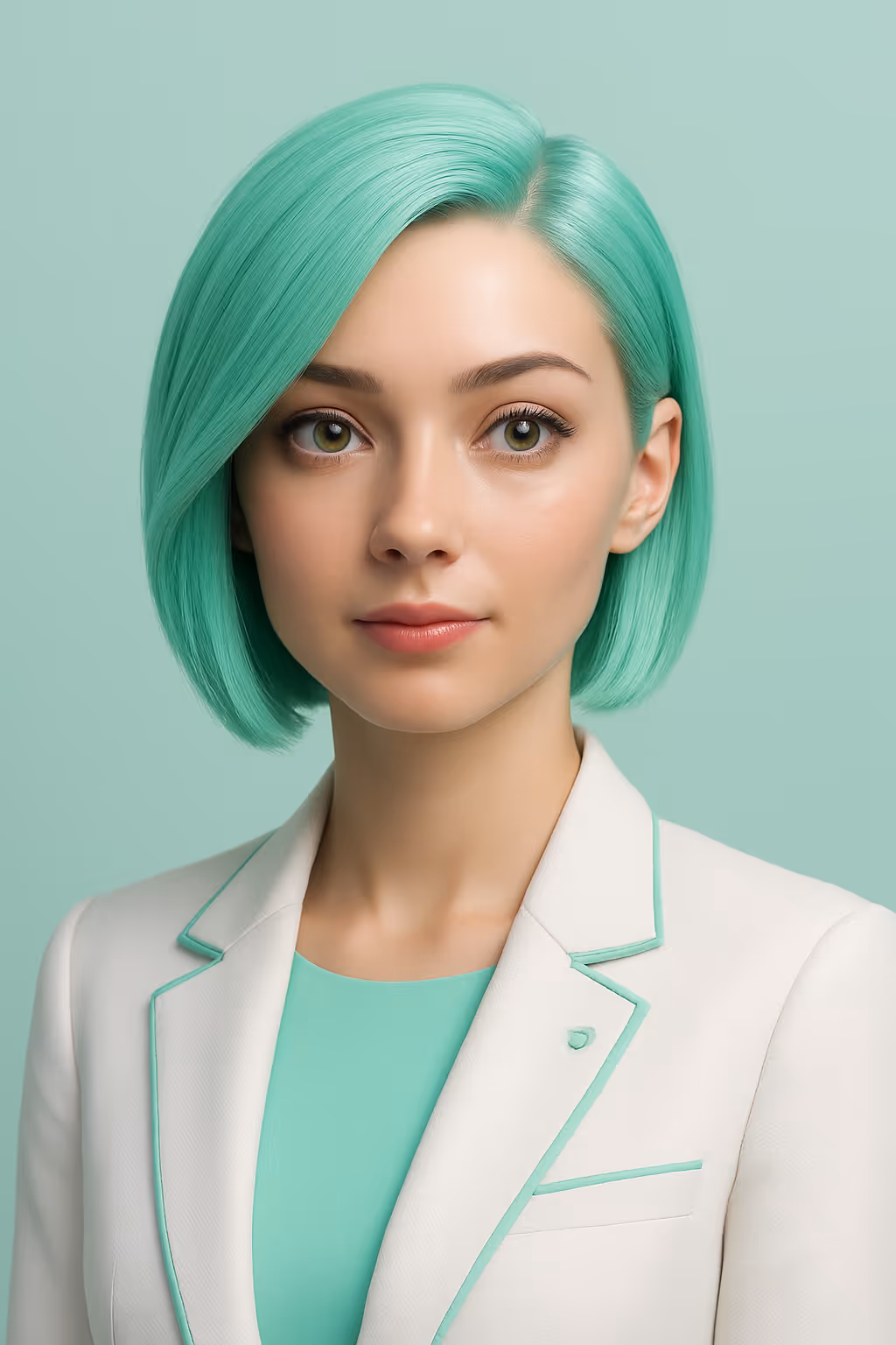 Young woman with short mint green hair wearing a white blazer with mint green trim and a matching top, against a mint green background.