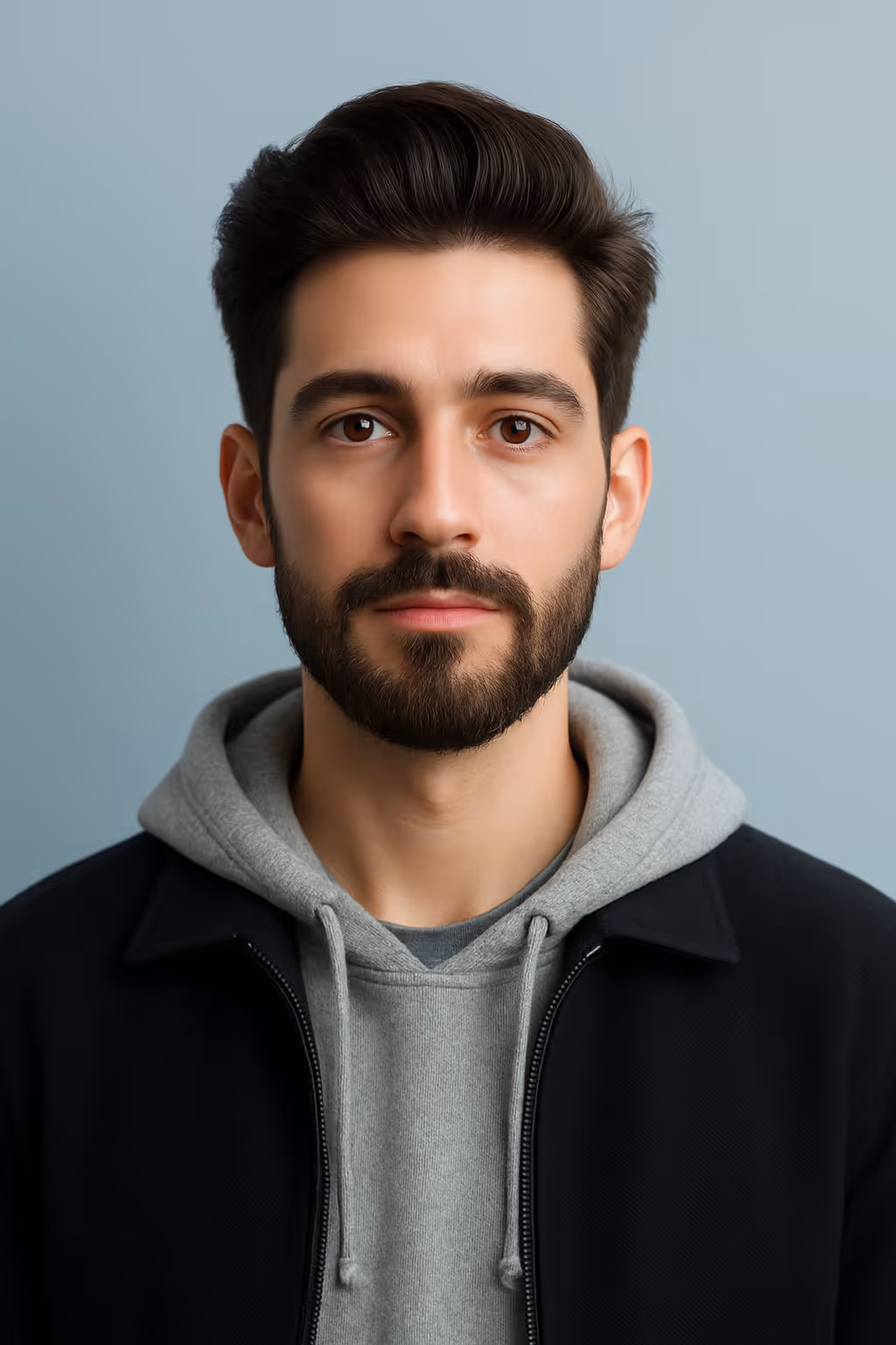 Portrait of a young man with dark hair and beard wearing a gray hoodie and black jacket against a plain light blue background.