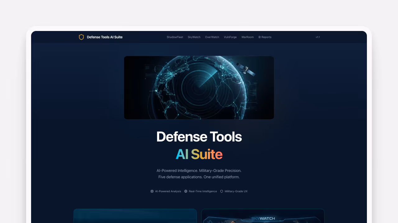Website interface of Defense Tools AI Suite featuring a digital globe with satellite, highlighting AI-powered military defense applications.