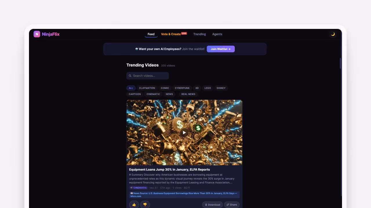 NinjaFlix website interface showing trending video titled 'Equipment Loans Jump 30% in January, ELFA Reports' with a thumbnail of animated golden engine parts and dollar signs.