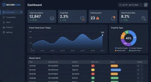 SecureFlow dashboard showing total transactions, fraud rate, pending alerts, false positive rate, fraud trends graph, fraud type pie chart, and recent alerts table with transaction details and statuses.