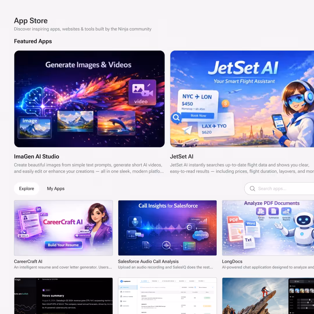 App Store webpage showcasing featured AI apps including ImaGen AI Studio for image and video generation, JetSet AI flight assistant, CareerCraft AI resume builder, Salesforce Audio Call Analysis, and LongDocs PDF analyzer.