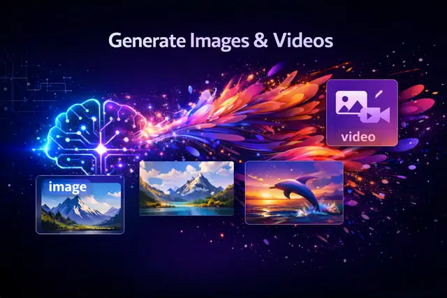 Digital brain emitting colorful abstract particles towards images and videos representing AI-generated images and videos with example thumbnails including a mountain and a dolphin.
