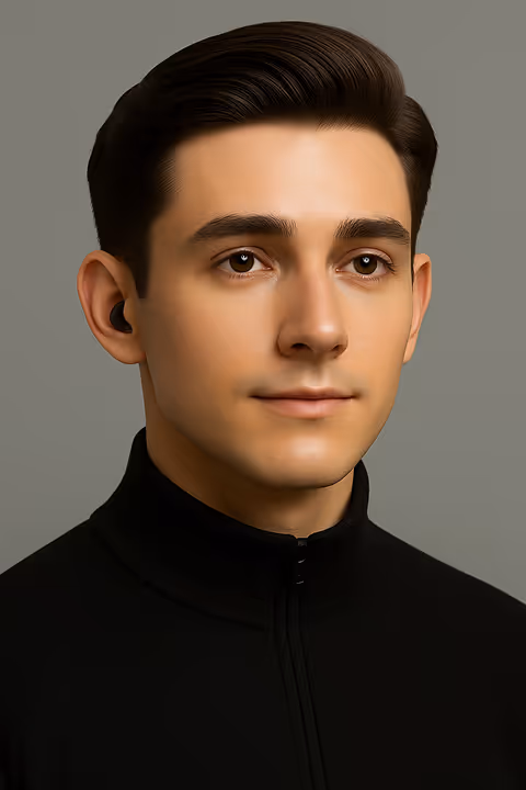 Young man with neatly styled dark hair wearing a black zip-up top and a black wireless earbud in his right ear against a gray background.