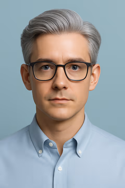 Portrait of a middle-aged man with gray hair wearing black glasses and a light blue buttoned shirt against a plain blue background.