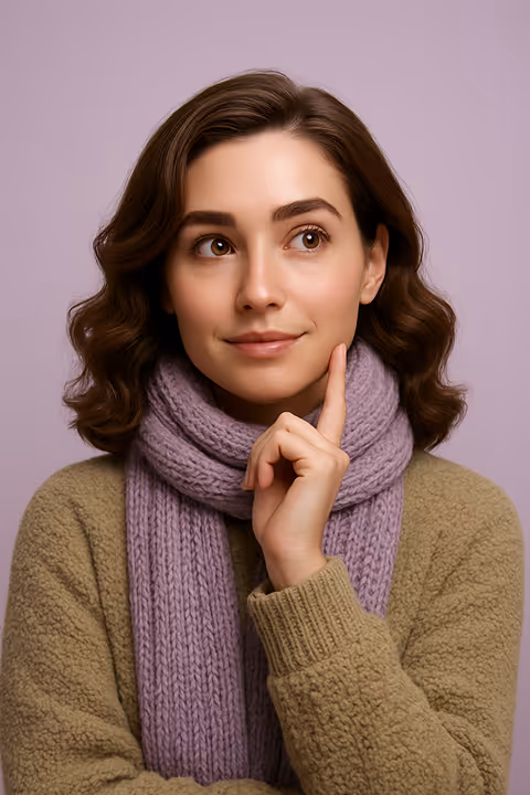 Young woman with brown wavy hair wearing a purple knitted scarf and beige sweater, looking thoughtfully upward with her finger on her chin against a lavender background.