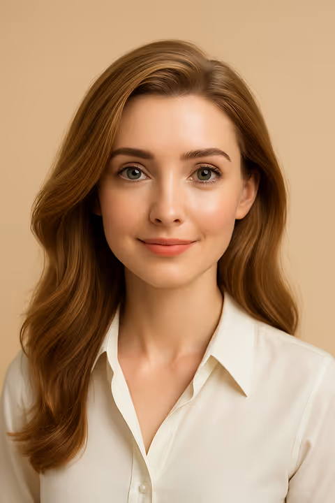 Young woman with long light brown hair wearing a white blouse, smiling against a beige background.