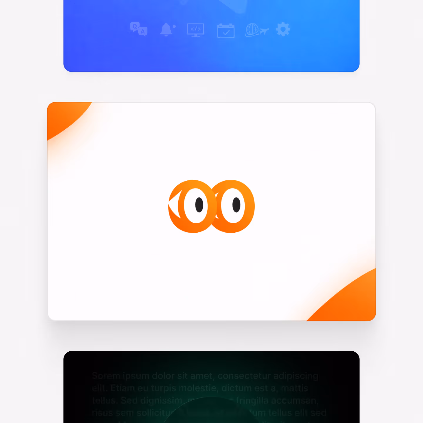 Two orange circles with white centers and black ovals inside, resembling stylized eyes on a white background with orange corners.