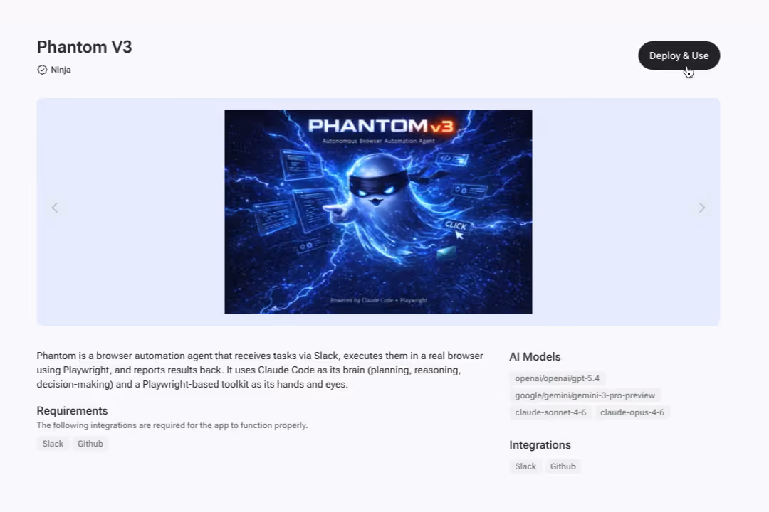 Phantom V3 browser automation agent interface showing a ghost figure with a ninja mask surrounded by digital elements, with details about AI model integrations and usage.