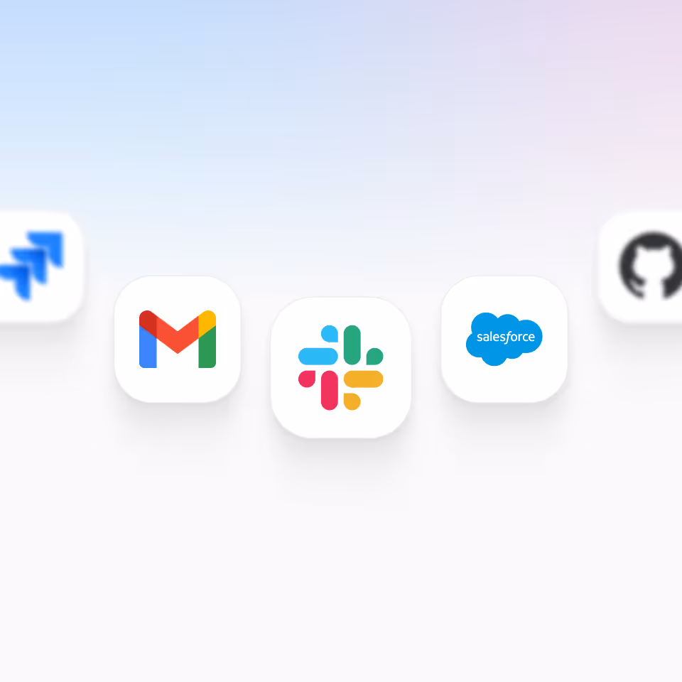App icons for Jira, Gmail, Slack, Salesforce, and GitHub on a light background.