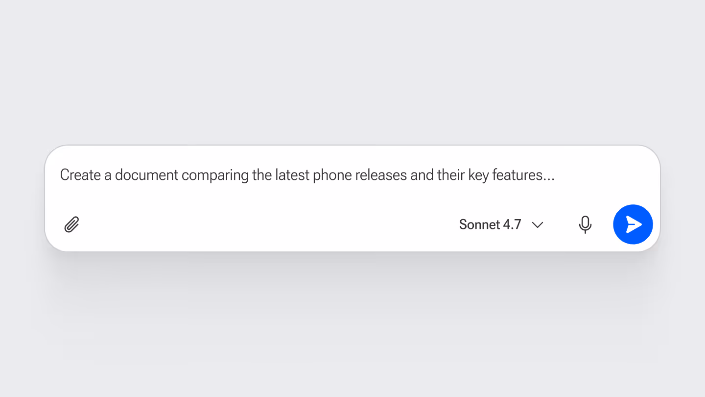 Text input box with the prompt: 'Create a document comparing the latest phone releases and their key features,' with a send button, microphone icon, and model selection labeled Sonnet 4.7.