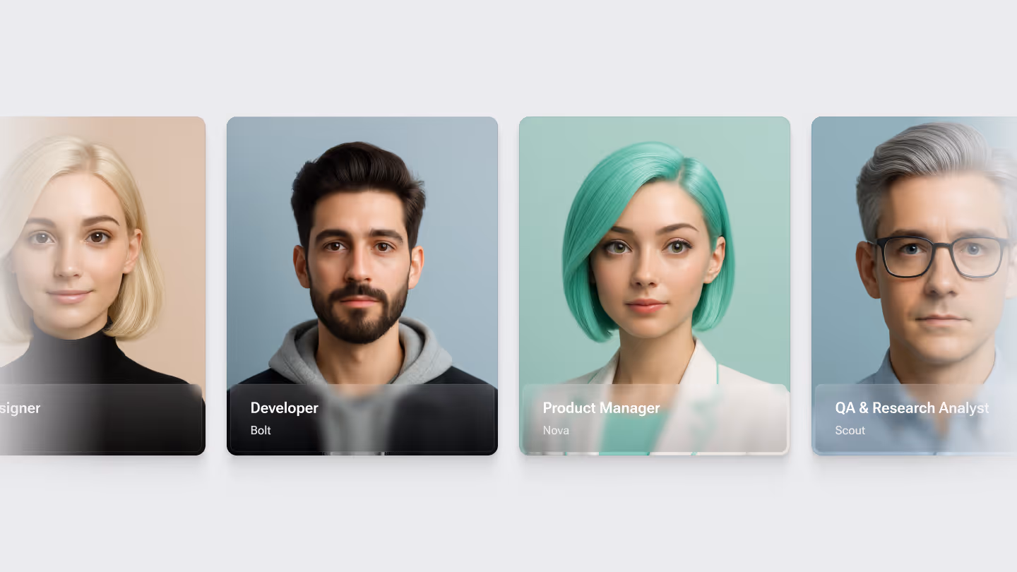 Four AI-generated portraits of professionals labeled Developer, Product Manager, and QA & Research Analyst, displayed as team member cards.