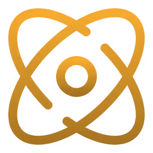 Stylized golden atomic symbol with a central nucleus and elliptical orbits.