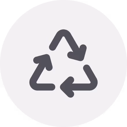 Gray recycling symbol with three curved arrows forming a triangle on a light circular background.