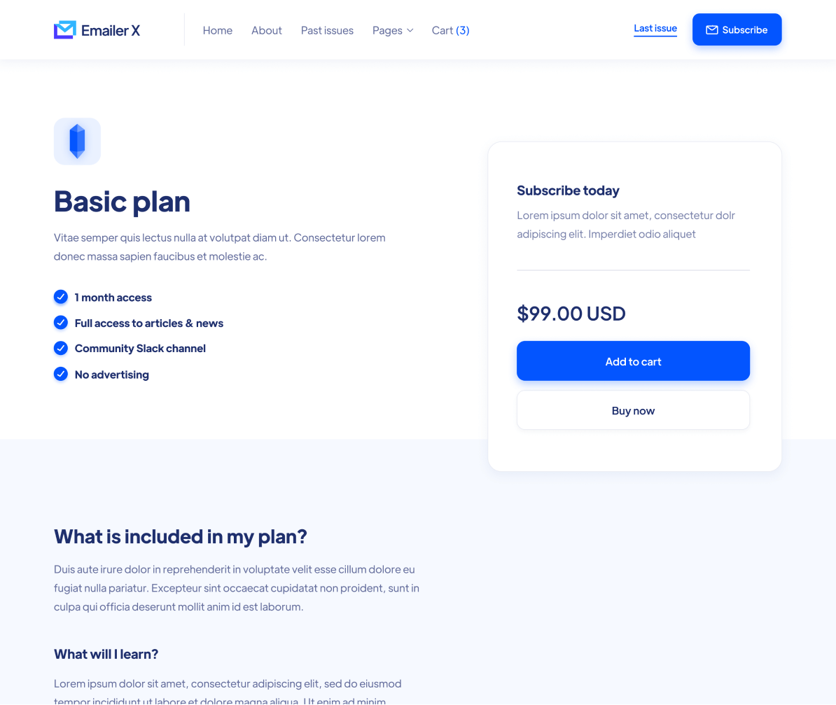 Emailer X - Plan Single page - Newsletter Webflow Template