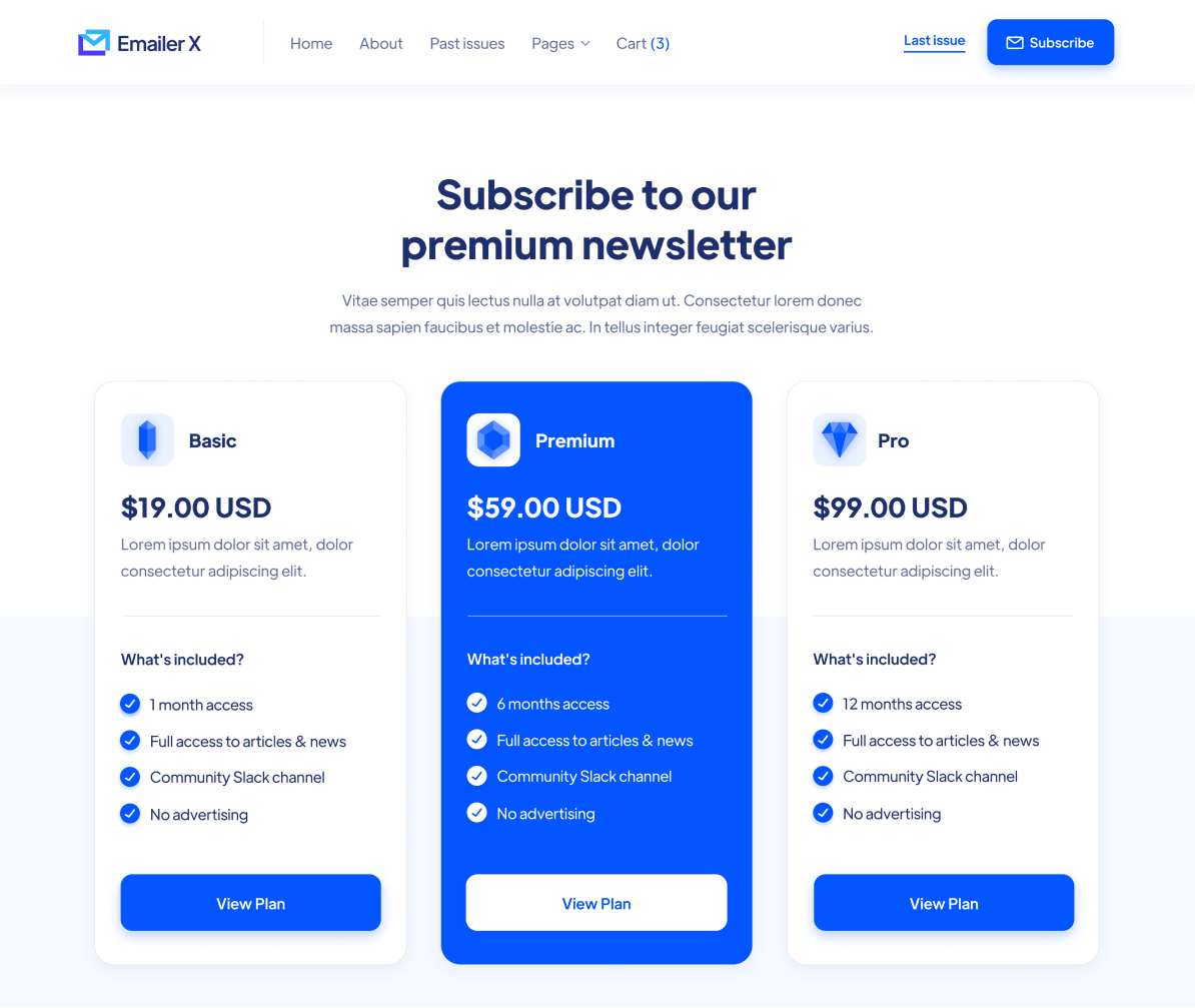 Emailer X - Plans page - Newsletter Webflow Template