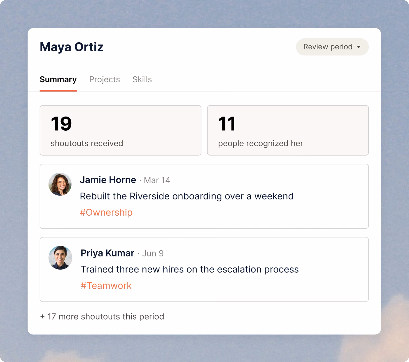 Nectar Perform context panel with an employee's shoutouts and recognition summary