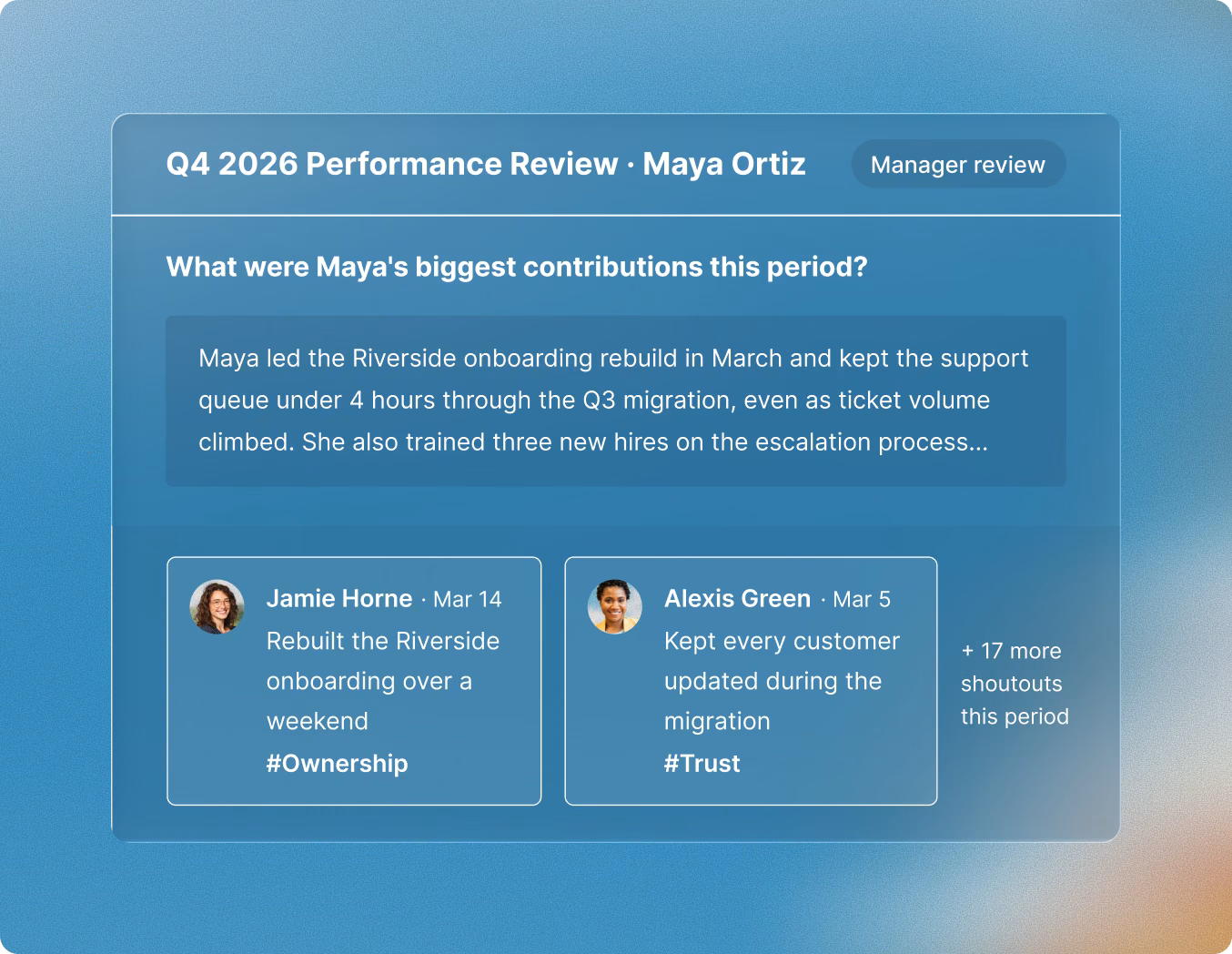 Nectar Perform manager review showing recognition shoutouts beside the review question