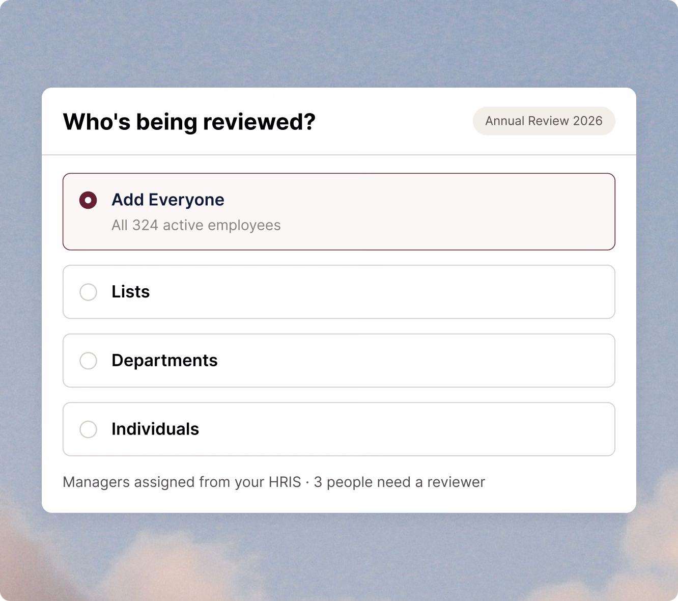 Nectar Perform cycle setup screen for choosing who is being reviewed